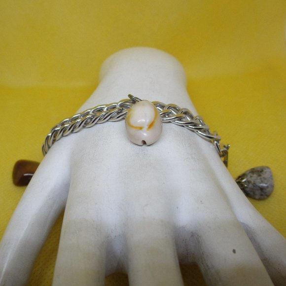 Vintage CHARM BRACELET Silver-Tone Flat Chain Link Charm Bracelet Tiger Eye Gem - Picture 5 of 10